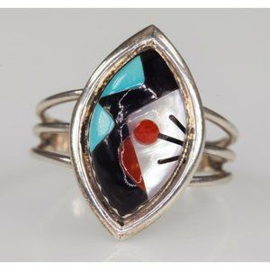Zuni Sterling Silver Inlay Ring By Virginia Quam Sz 6.50